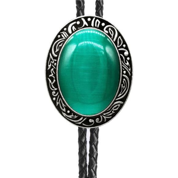 Bolo Tie Natural Colors Stone Emerald Cat Eye - Picture 3 of 5